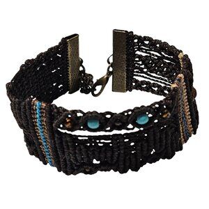 Handwoven Adjustable Bracelet Brown Macrame Blue Beads Metal Chain Closure
